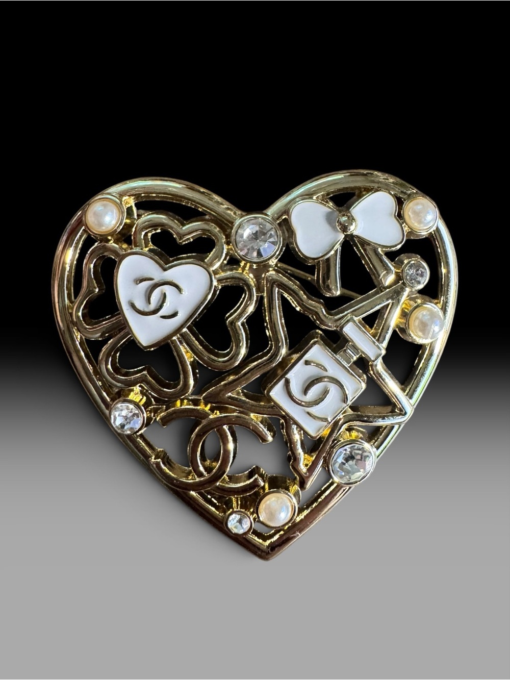 Gold-Tone Heart Brooch with White Enamel, Pearls & Crystals